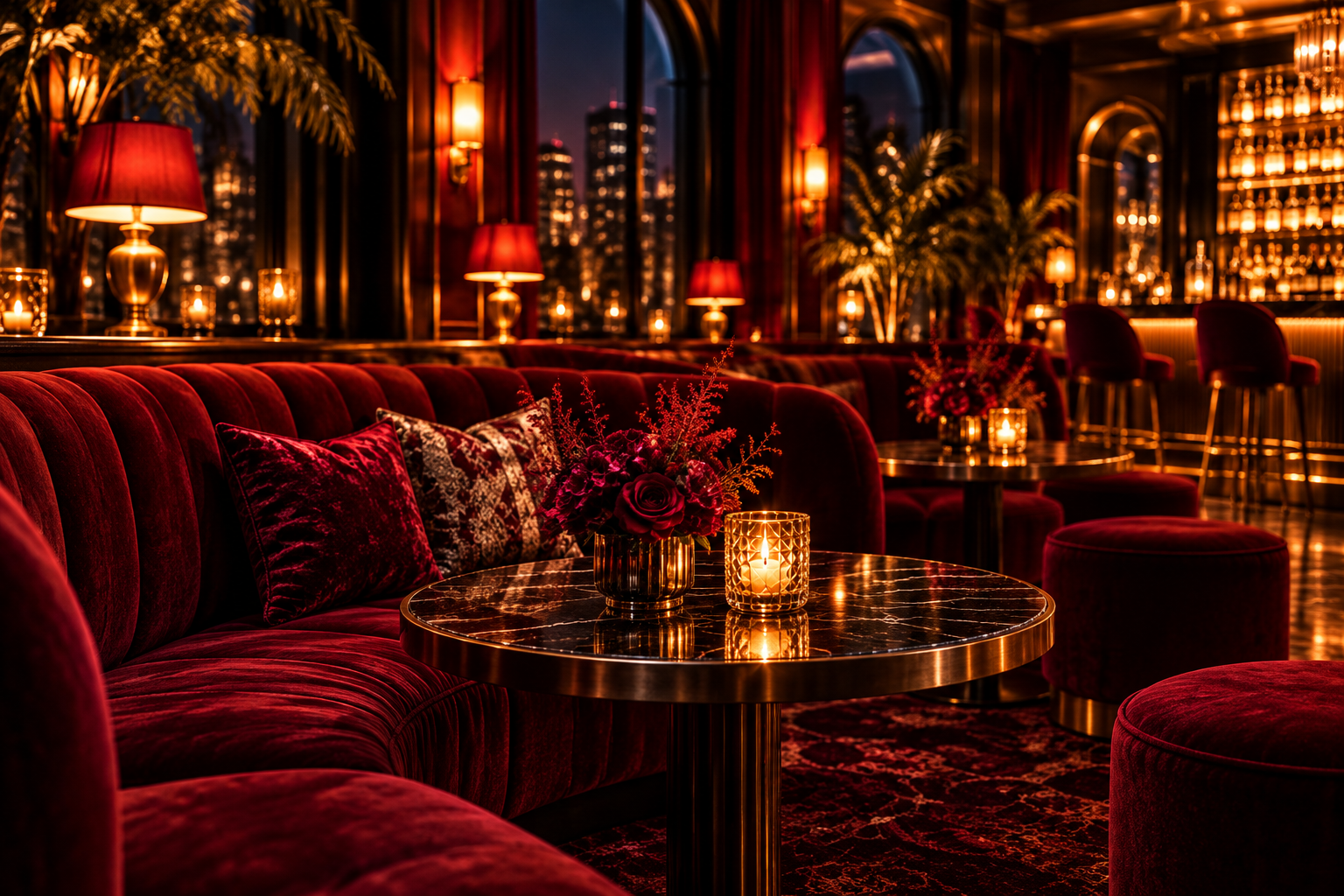 Luxurious crimson velvet lounge seating